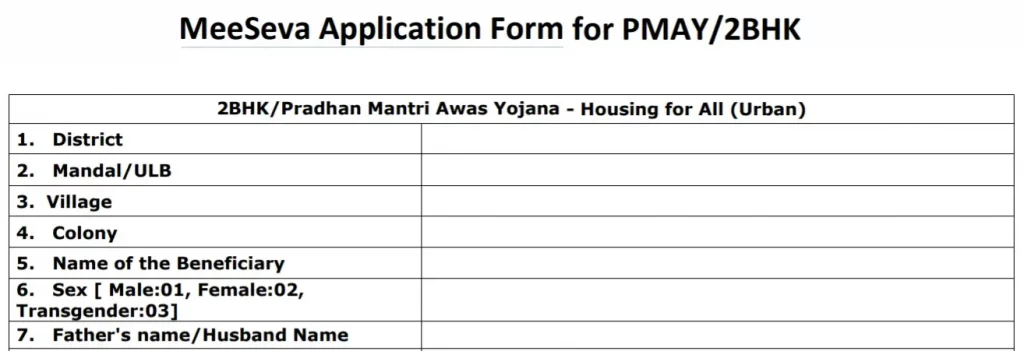 Telangana 2BHK Housing Scheme MeeSeva Application Form Pradhan Mantri Awas Yojana